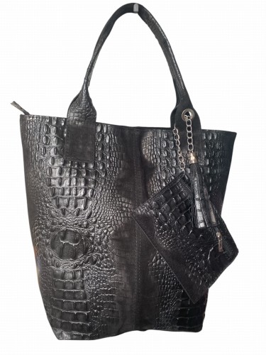 Czarna torebka damska typu shopper z naturalnej skóry zamszowej z tłoczeniem croco, ozdobnymi frędzlami i dodatkową saszetką na zamek