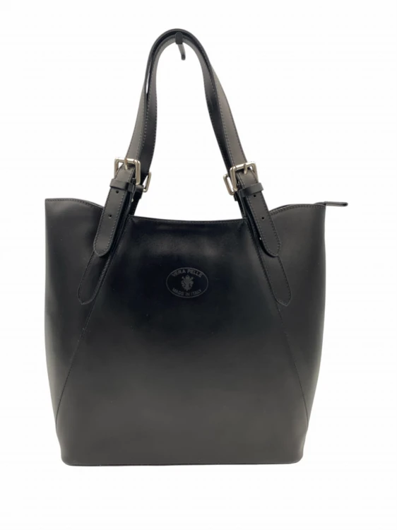 Czarna elegancka torebka damska typu shopper XL wykonana z naturalnej skóry licowej z regulowanymi uchwytami i subtelnym logo na froncie