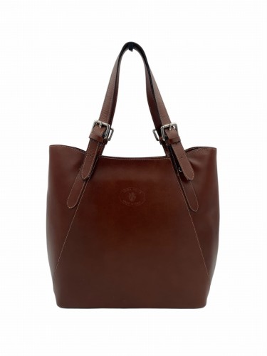 Koniakowa elegancka torebka damska typu shopper XL wykonana z naturalnej skóry licowej z regulowanymi uchwytami i subtelnym logo na froncie