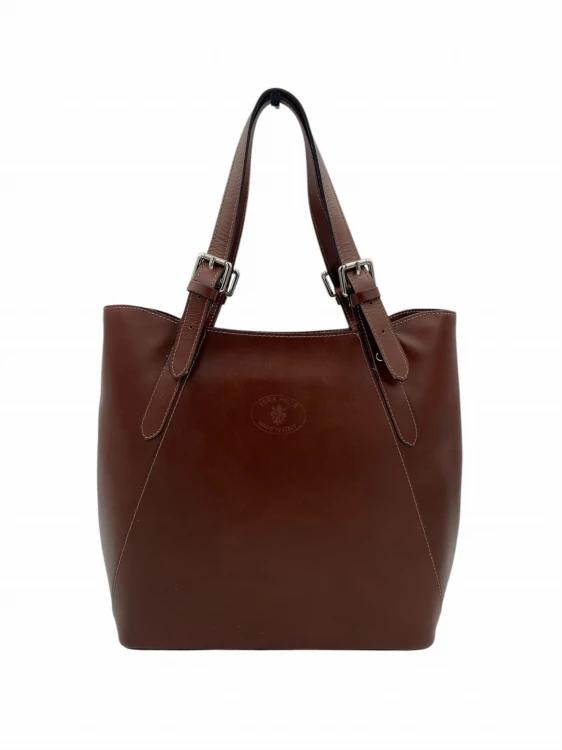Koniakowa elegancka torebka damska typu shopper XL wykonana z naturalnej skóry licowej z regulowanymi uchwytami i subtelnym logo na froncie